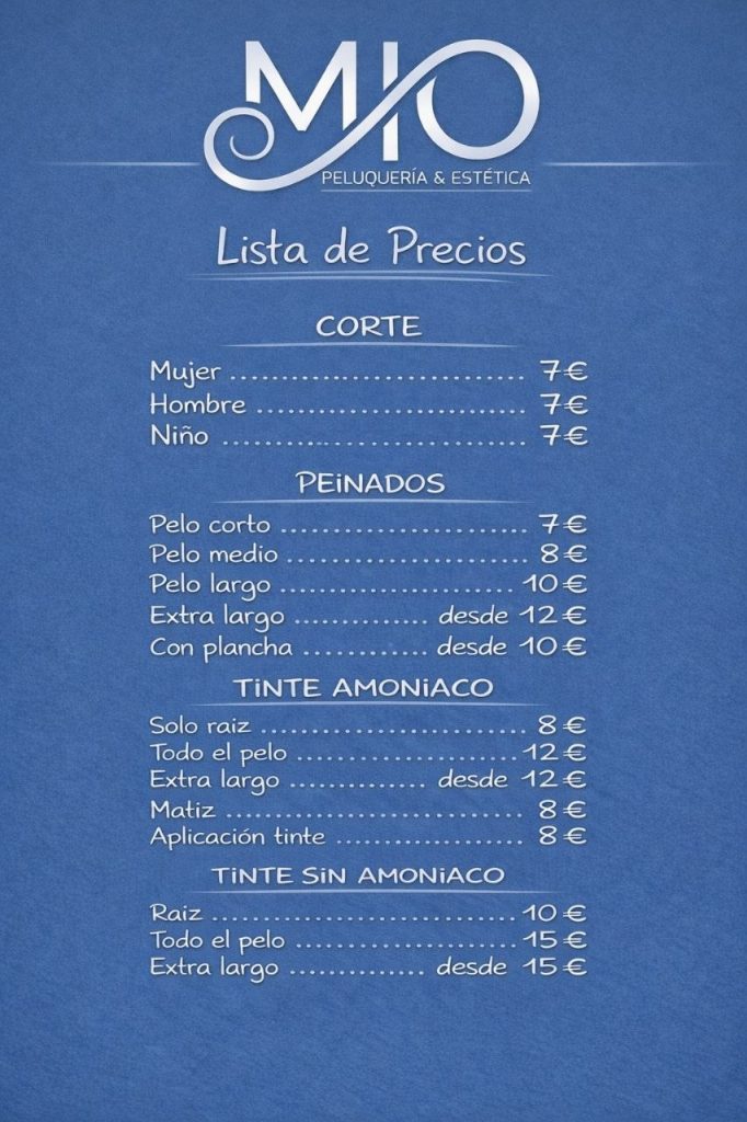 Lista de precios de corte peinados y tintes en Mio Peluquería